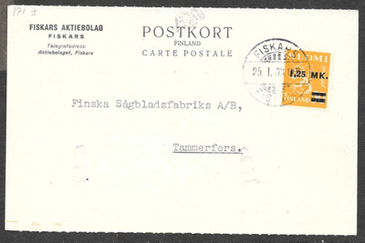 Postilähetys - Yl.m. 1,25/0,50mk (LAPE 171I) Fiskars 25.1.33