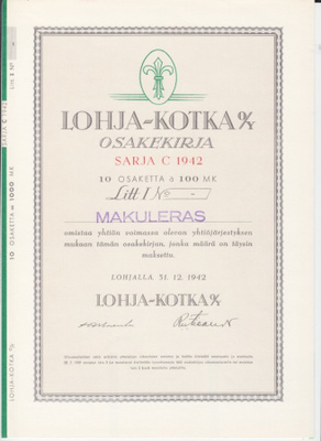 OKK 1942 Lohja-Kotka Oy bla, Lohja osakekirja