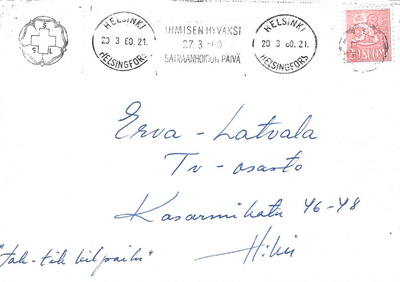IHMISEN HYVÄKSI 27.3.60 SAIRAANHOIDON PÄIVÄ SSL LEIMA M54 20