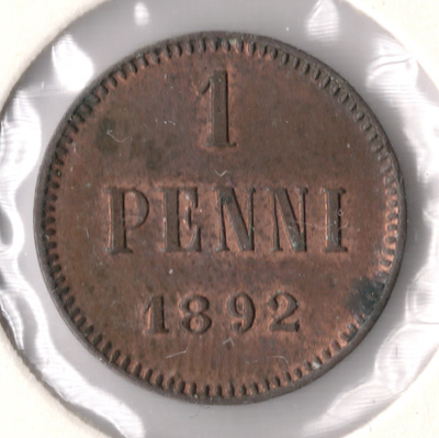 1 PENNI 1892 /#c (lyöntikiiltoa, sormenjälkipatinaa)