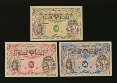 Itävalta Notgeld 10, 20, 50 Heller, Preinsbach 1920