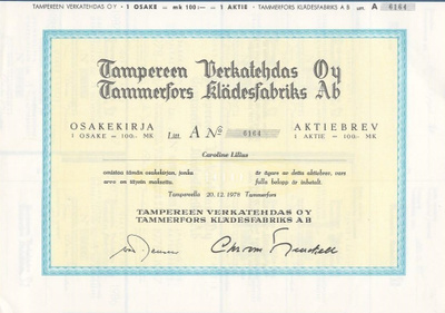 OKK 1978 Tampereen Verkatehdas Oy, Tampere pörssi osakekirja