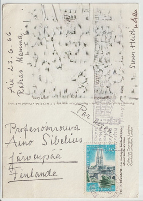 1966 Rouva Aino Sibeliukselle osoitettu kortti Ranskasta