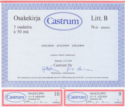 OKK 1988 Castrum Oy spec, Helsinki pörssi osakekirja