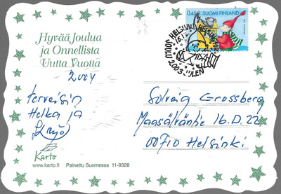 HELSINKI 15.12.2003 JOULU ERIKOIS.LEIMA+JOULUMERKKI KORTILLA