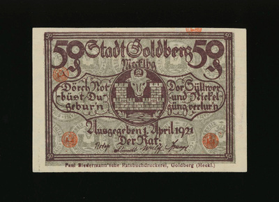 Saksa Notgeld 50 Pfennig, Goldberg 1921