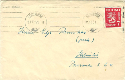 HÄMEENLINNA 31.12.51 LEIMOILLA KUORI M30 7MK PUN. MERKILLÄ K