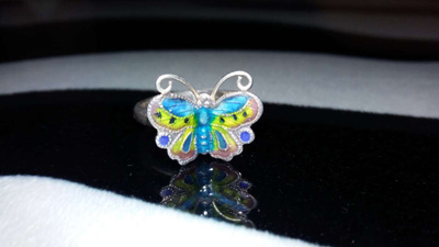 Vintage hopea email perhonen sormus Silver