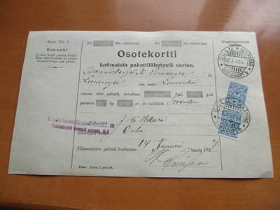 1917 Oulu J H Pekuri sens pakettikortti Liminkaan