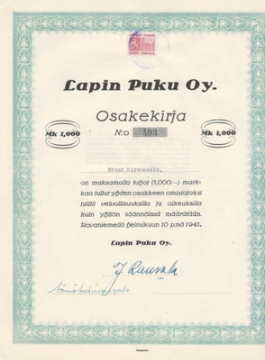 OKK 1941 Lapin Puku Oy, Rovaniemi osakekirja