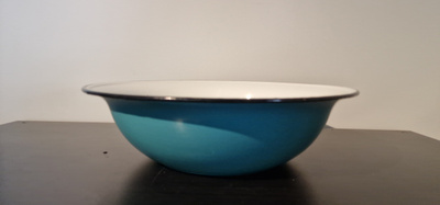 Vanha sinivalkoinen emalivati 32cm