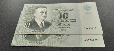 10mk 1963 Litt.A, KO-Tam, Ä-sarjaa,peräkkäiset numerot 2 kpl
