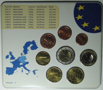 BU- setti Saksa 1c - 2euro 2004 rahapaja "F" Stuttgart