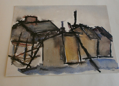 Pekka Ryynänen: Talokompositio (1960), akvarelli, ei p.