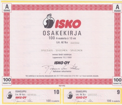 OKK 1989 Isko Oy spec, Lappeenranta pörssi osakekirja