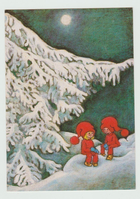Tonttupari  neuvonpidossa lumisen kuusen suojassa