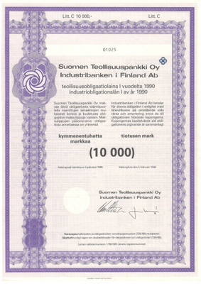 OKK obligaatio Suomen Teollisuuspankki 5.2.1990