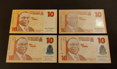 Nigeria 10 Naira, 4kpl erilaisia, UNC