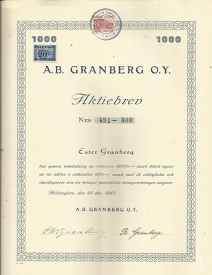 OKK 1945 Granberg Oy Ab, Helsinki osakekirja