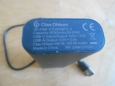 Clas Ohlson Power Bank, 6700mAh/24.12Wh.