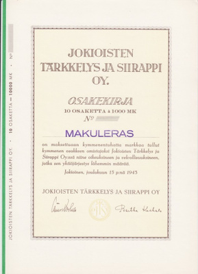 OKK 1943 Jokioisten Tärkkelys ja Siirappi Oy bla Jokioinen