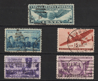 United States USA viisi leimattua merkkiä 1930-luvulta alk.