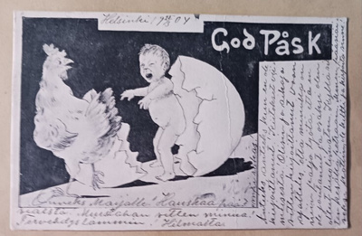 Lapsi kuoriutuu itkien munasta, kana ihmettelee, p. 1904