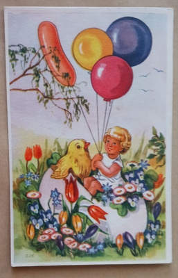Lapsi ja tipu munankuoressa, ilmapalloja ja kukkia, p. 1958