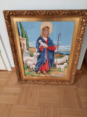 Jeesus ja lampaat ristipistotyö kehyksissä