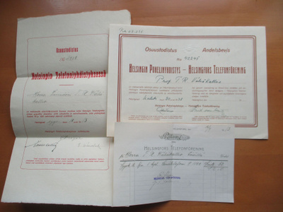 HPY osuustodistukset 1913, 1948, telefoonin ostokuitti 1913