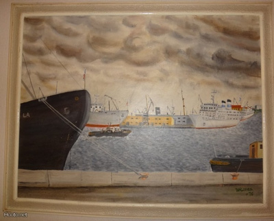 MAALAUS SATAMASTA LAIVOINEEN koko 84x67cm kehyksineen