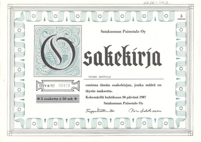 OKK 1987 Satakunnan Painotalo Oy, Kokemäki osakekirja