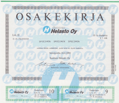 OKK 1992 Suomen Helasto Oy spec, Seinäjoki pörssi osakekirja