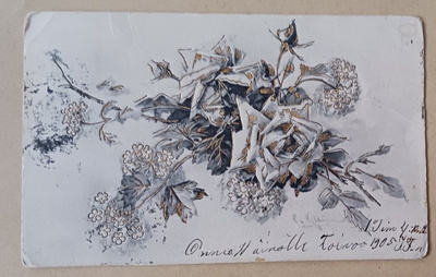 Valkoisia ruusuja ja kultaa, onnittelupk, p. 1905