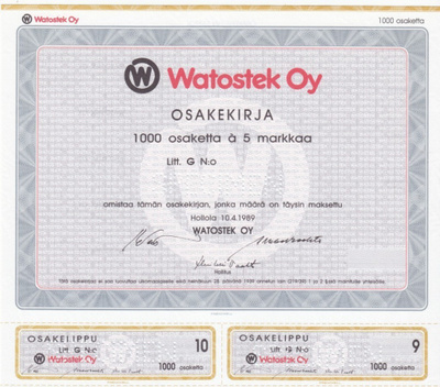 OKK 1989 Watostek Oy (Uutechnic Oyj) spec, Hollola osakekirj