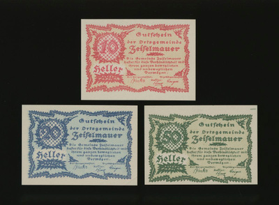 Itävalta Notgeld 10, 20, 50 Heller, Zeiselmauer 1920