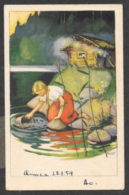 Wendelin - tyttö ottaa vettä järvestä ämpärillä