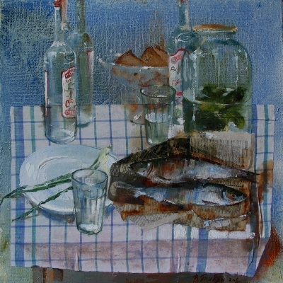 Asetelma: Vodka, suolakurkut, kalat #3027