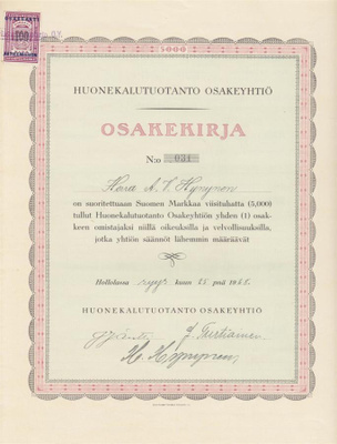 OKK 1928 Huonekalutuotanto Oy, Hollola osakekirja