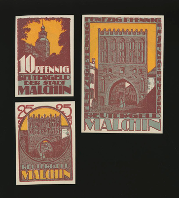 Saksa Notgeld 10, 25, 50 Pfg, Malchin 1922