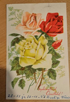 kukkakortti, ruusuja, kulkenut 1956