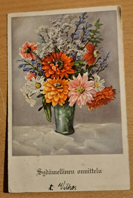 kukkakortti, kukkakimppu maljakossa, kulkenut 1938