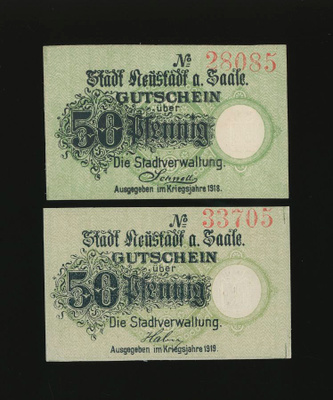 Saksa Notgeld 2 x 50 Pfg, Neustadt a. Saale 1918-19