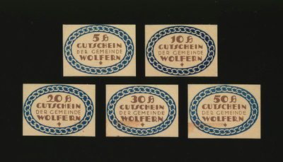 Itävalta Notgeld 5, 10, 20, 30, 50 Heller, Wolfern