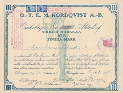 OKK 1917 E.M.Nordqvist Oy, Helsinki osakekirja