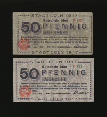 Saksa Notgeld 2 x 50 Pfennig, Köln 1.6.1918 VG-aUNC