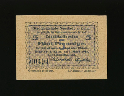 Saksa Notgeld 5 Pfennig, Neustadt 1.3.1917