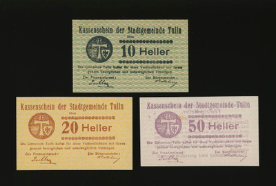 Itävalta Notgeld 10, 20, 50 Heller, Tulln 1920