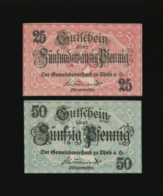 Saksa Notgeld 25, 50 Pfg, Thale 1918