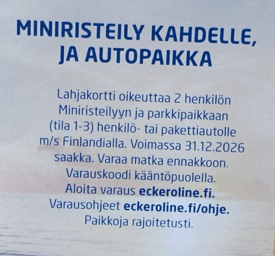 Lahjakortti Eckerö 2 hlöä + auto Miniristeily 31.12.26 asti
